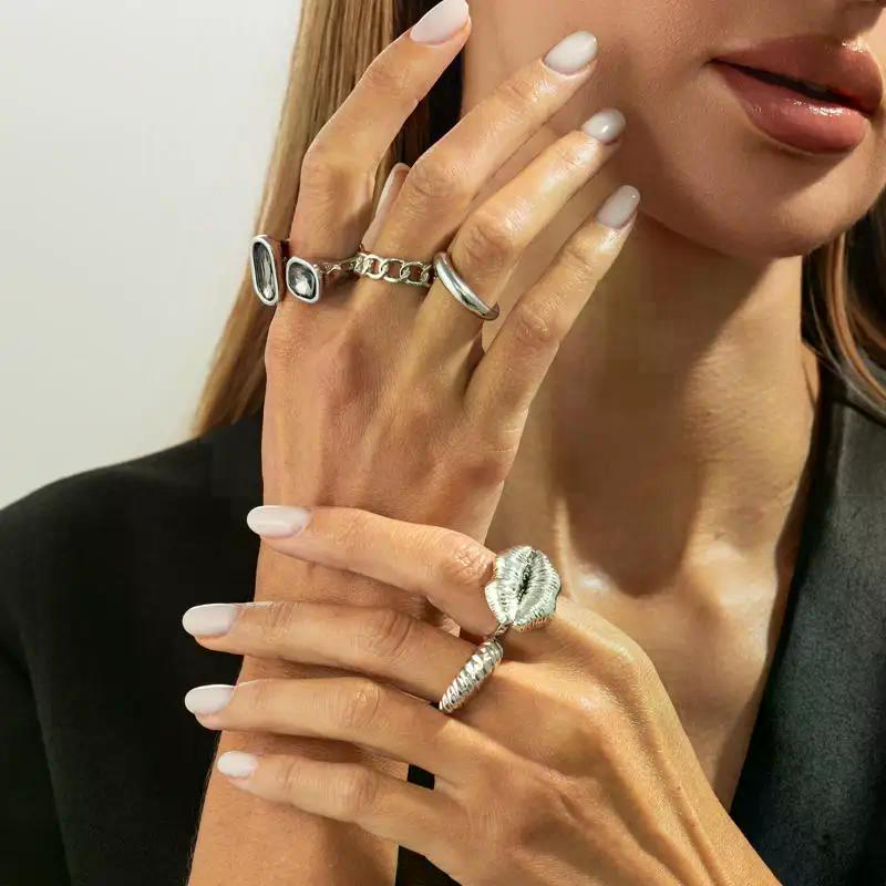 5Pcs Set Goth Crystal Open Ring For Women New Trend Geometric Adjustable Knuckle Rings New Year Party Jewelry Gift