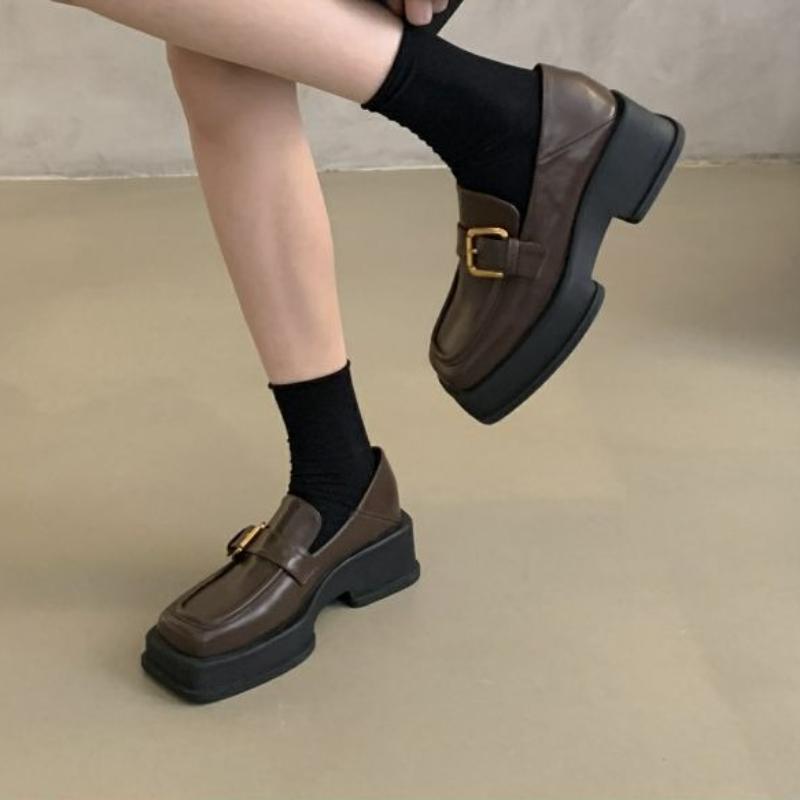 Autumn Winter New Chunky Heel Loafers for Women Vintage Square Toe Thick Sole Slip on Shoes Korean Style Fashion Footwear