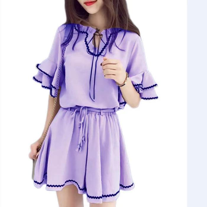 2024 Summer Women’s Korean Hong Kong Style Casual Lotus Sleeve Top & High Waist Wide Leg Shorts Set