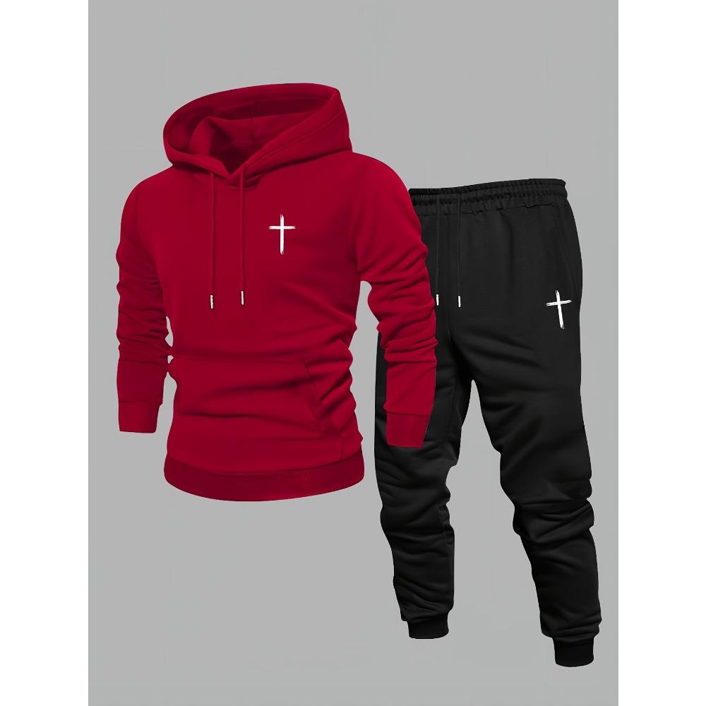 Men's Printed 2pcs Set, Casual Hooded Long Sleeve Sweatshirt and Jogger Pants Outfit, Suitable for Winter and Autumn, Sportswear Set