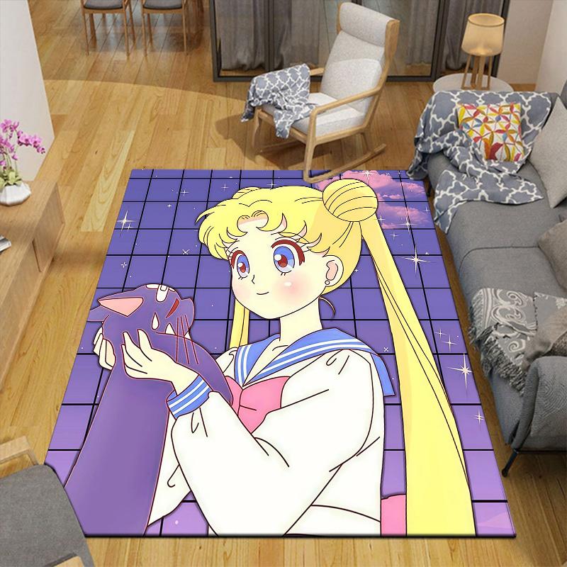 Sailor Moon Flannel Pattern Square Carpet,Area Rug,Carpet Rug for Living Room Bedroom Sofa Playroom Decor,Non-slip Floor Mat