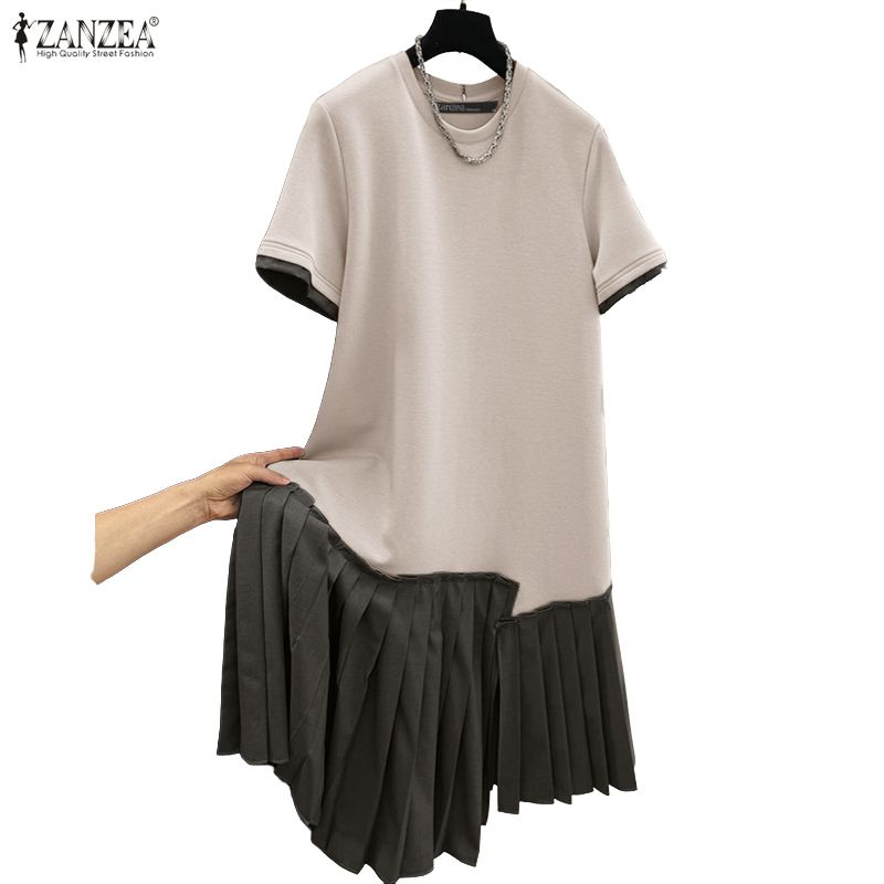 ZANZEA Women Casual Round Neck Summer Short Sleeve Patchwork Dress