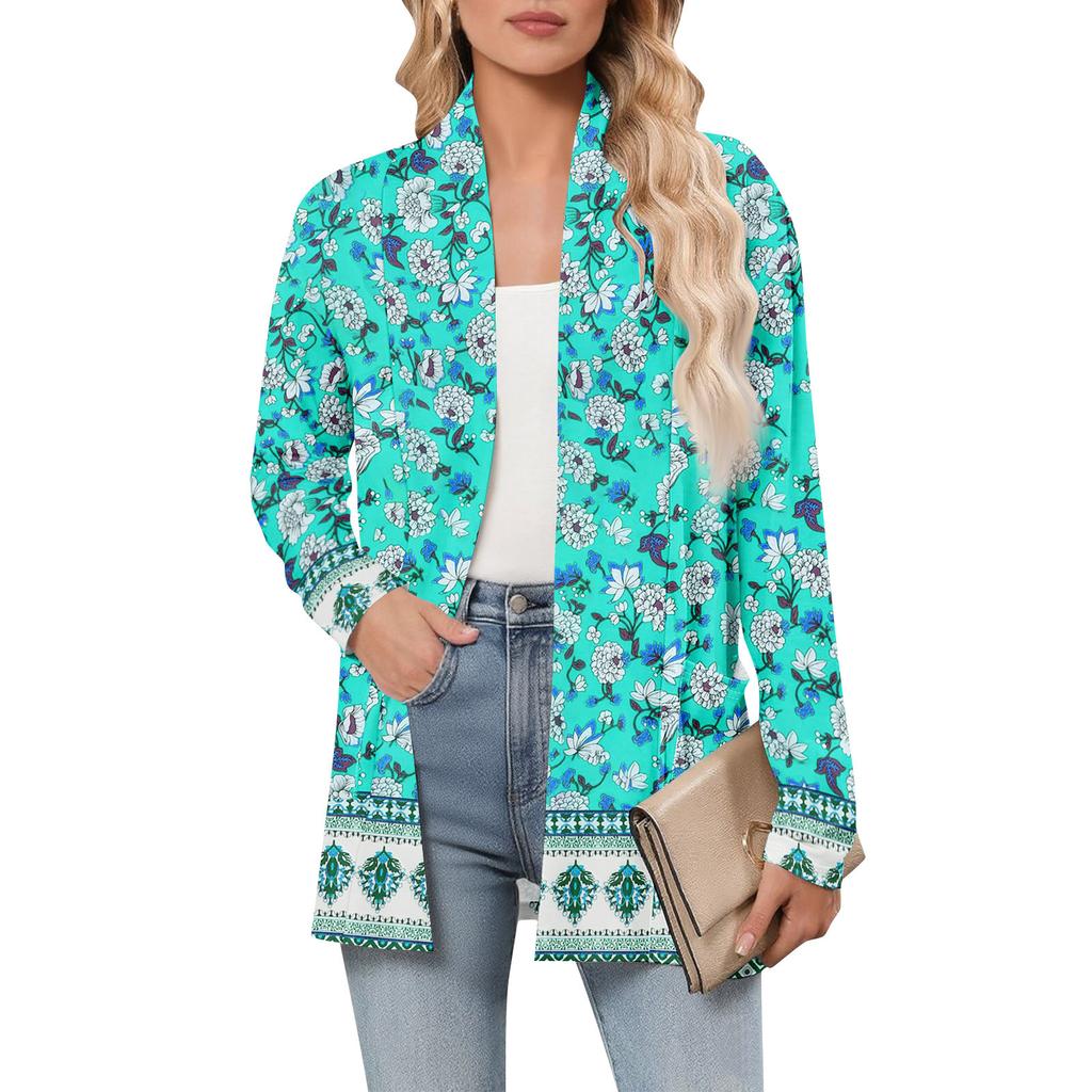 Damen Langarm Strickjacke V-Ausschnitt Mode Bedrucktes Hemd Leicht Lässig Locker Dünne Strickjacken Mit Taschen