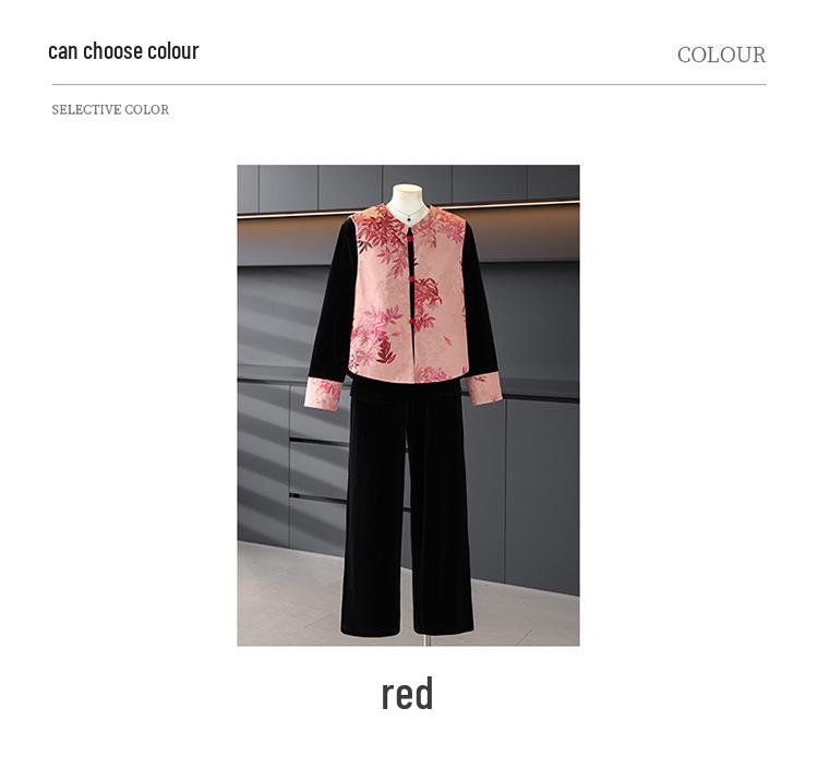 Golden Velvet Three-Piece Set: Long-Sleeve Shirt, Vest, and Wide-Leg Pants for Middle-Aged and Elderly Women - Spring/Autumn 2026.