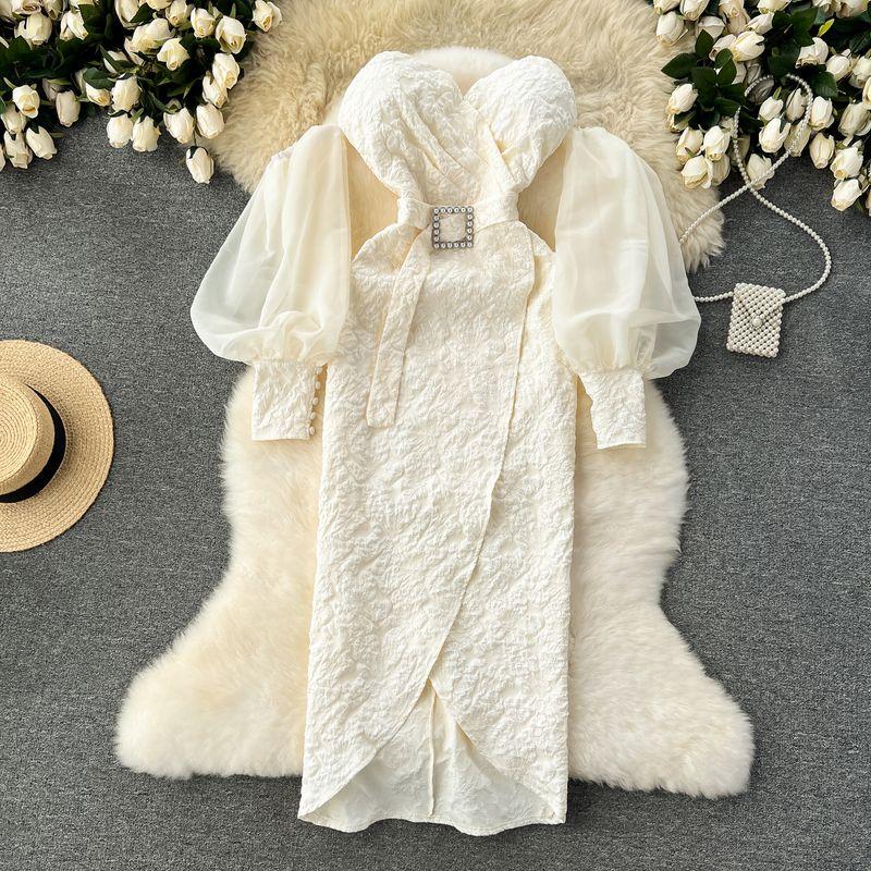 

Accessible Luxury Banquet Lantern Sleeve Silm Dress Formal Dress Apricot color L