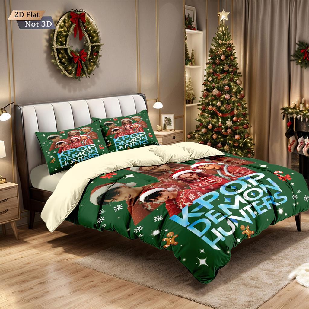 3pcs Christmas K-Pop Demon Hunters Print coreless Bedding Set Soft Dormitory Bedroom Multiple Sizes Machine Washable