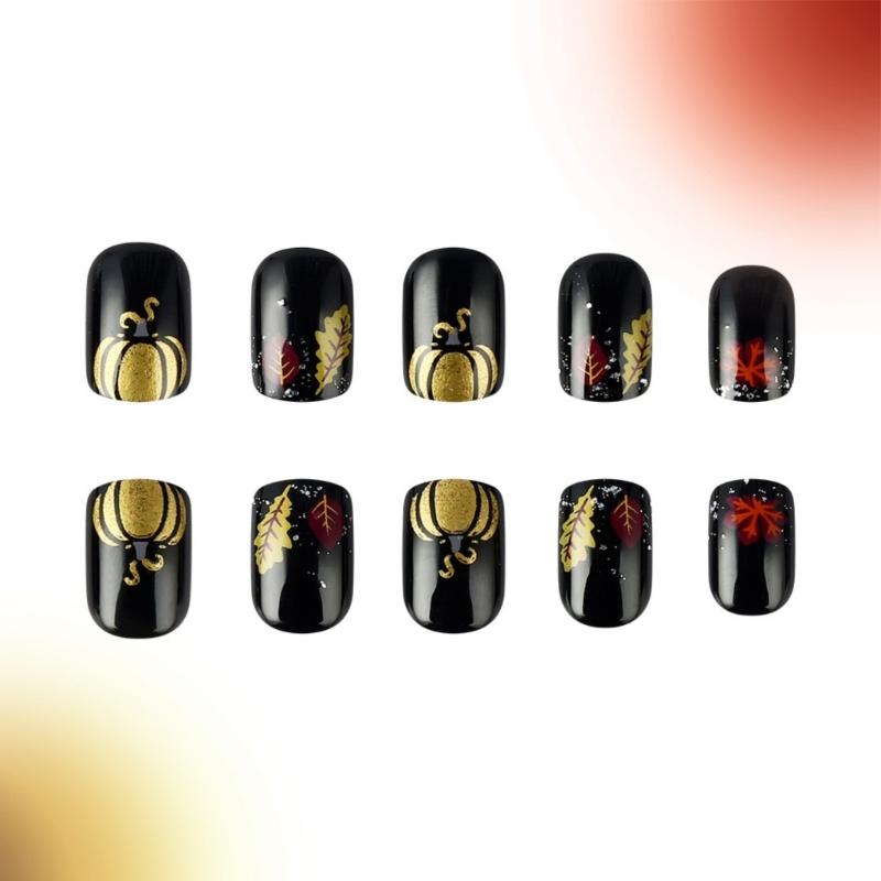 Short Square Press on False Nails Maple Leaf Pumpkin Nail Art Decoration Thanksgiving Day Manicure for Women and Girls