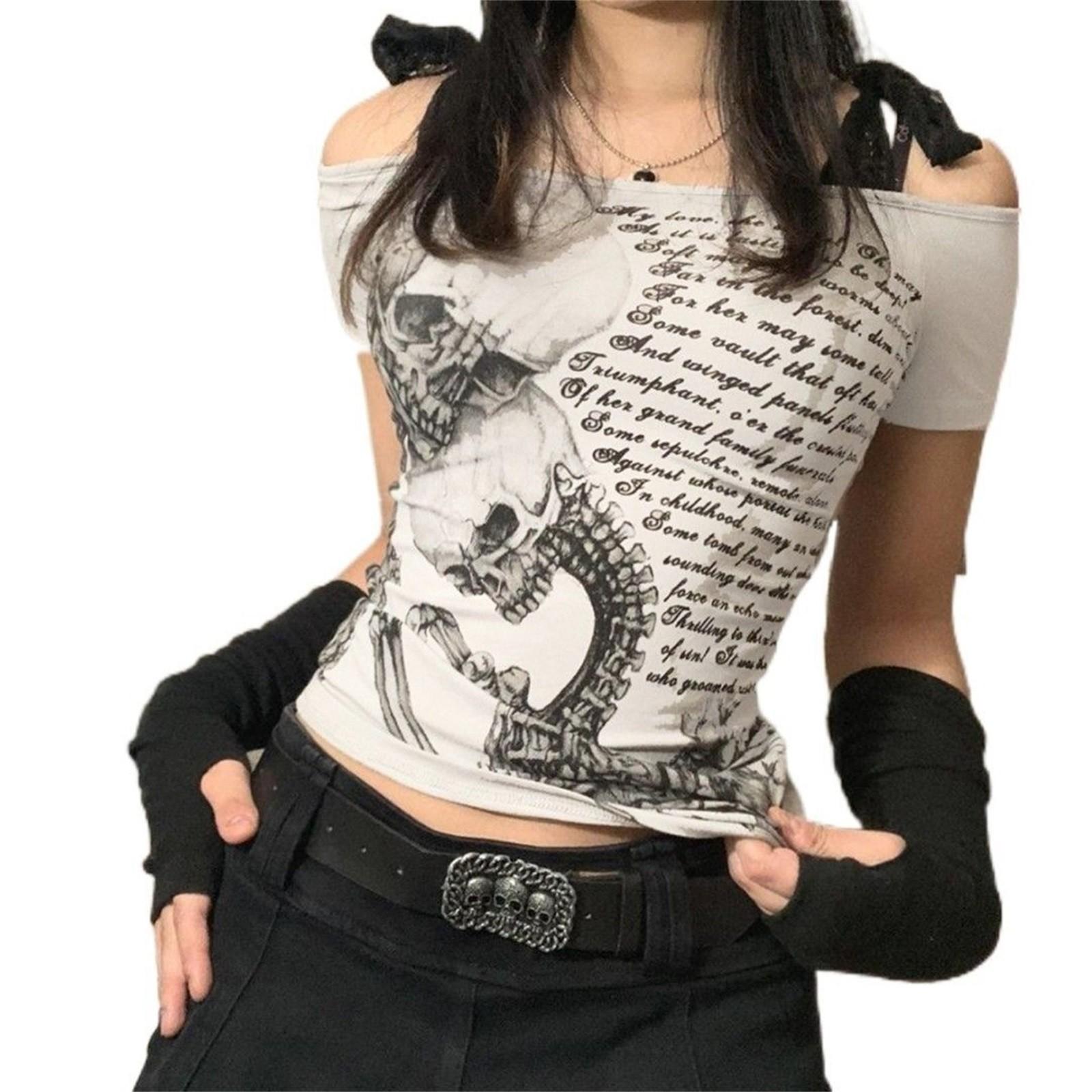 

Vintage Skull Print Short Sleeve T-Shirt Slim Fit Tie Shoulder Sexy Top for Women Casual Streetwear S белый