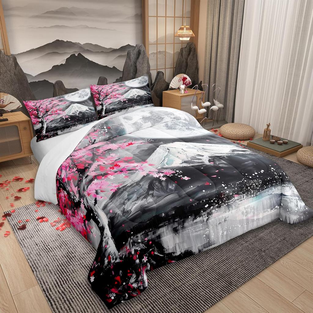 Japanisches Ukiyoe-Bettwäscheset (Queen-Size) mit Fuji-Berglandschaft, geeignet für Damen, Jugendliche und Herren, Heimtextilien, rosa Kirschblütenbaum