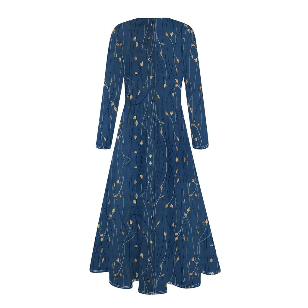 Rochie boho midi cu imprimeu floral, gradient pentru femei, ocazional, cu maneca lunga, rochii fluide fumate, cu buzunar Rochii de vacanta pentru femei