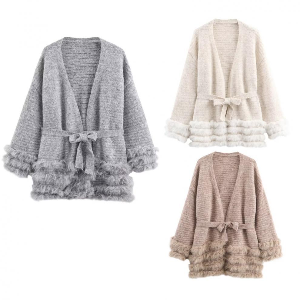 European and American style, new women's fashion, versatile, cross-border belt furry knit cardigan