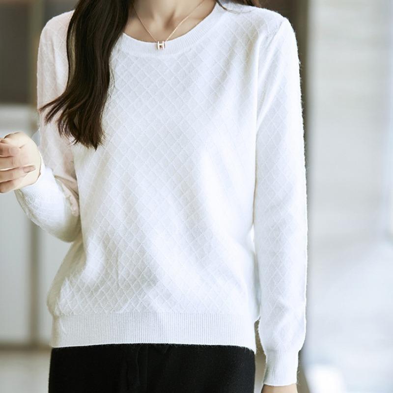 Spring and Autumn New Crew Neck Hollow Bottom Shirt Women's Rhombus Loose Large Size Knitted Sweater Wear Long Sleeve Top