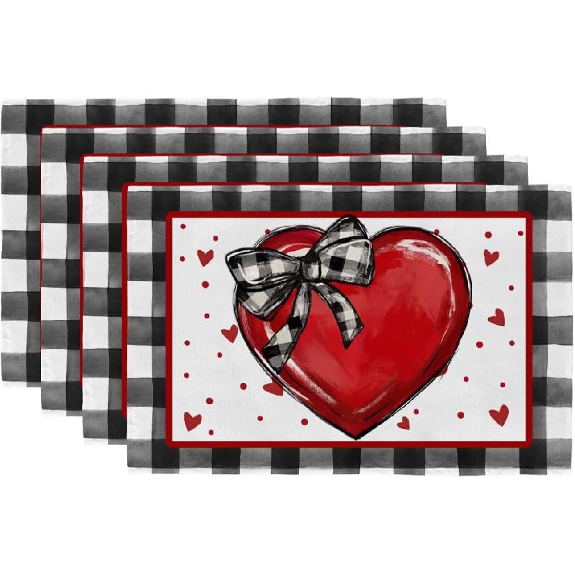 GEEORY Valentine's Day Placemats 12x18 Inch, Hearts Ribbon Bow Polka Dots Farmhouse Holiday Kitchen Dining Table Decoration for Indoor Outdoor Dinner