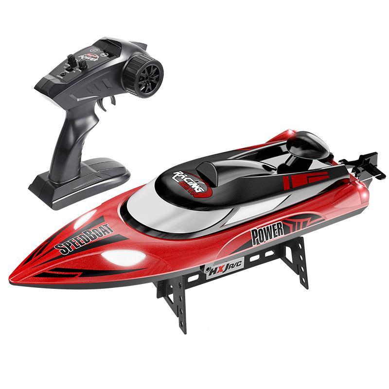 Hongxunjie HJ810B High-Speed Remote Control Speedboat with Anti-Flip, 35KM/h Speed, LED Lights, Large Size, and Long Battery Life.
