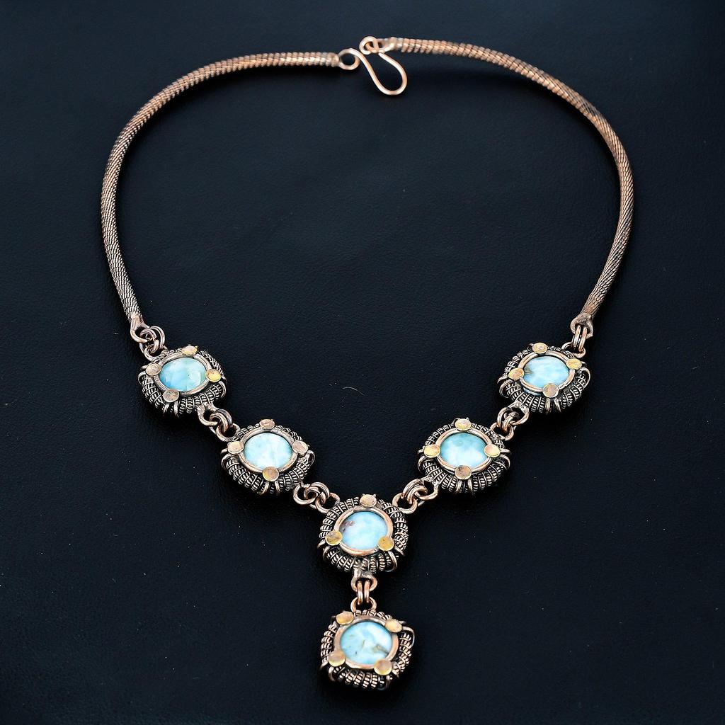 Larimar Necklace, 999 Copper Wire Wrapped Adjustable Chain Necklace. Gift For Women Handmade Necklace Gemstone Jewelry