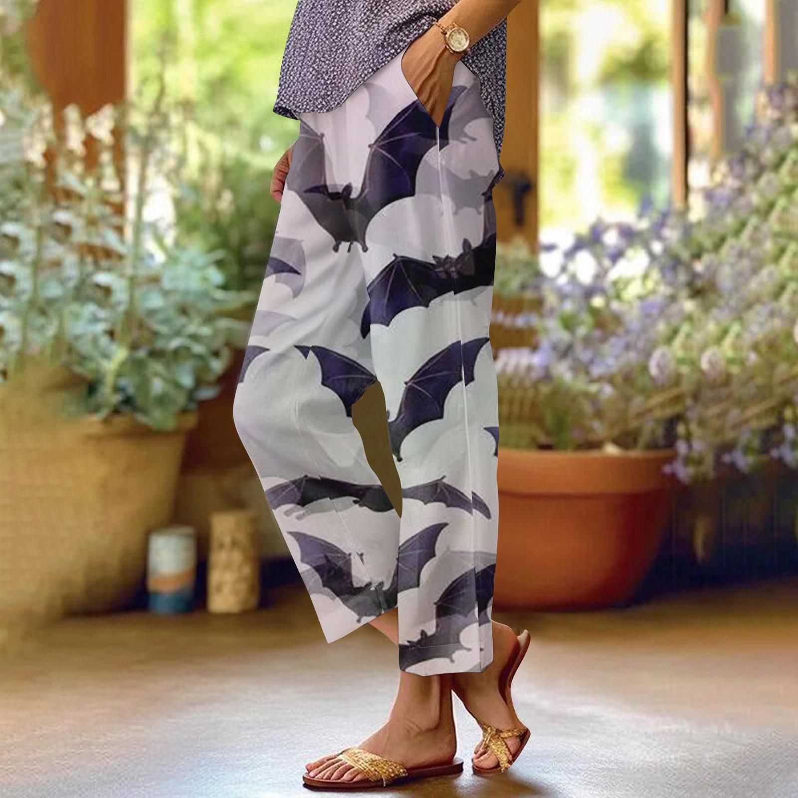 

Жіночі модні повсякденні штани з кишеньковим принтом і еластичною талією на Хеллоуїн. Повсякденні вільні штани L