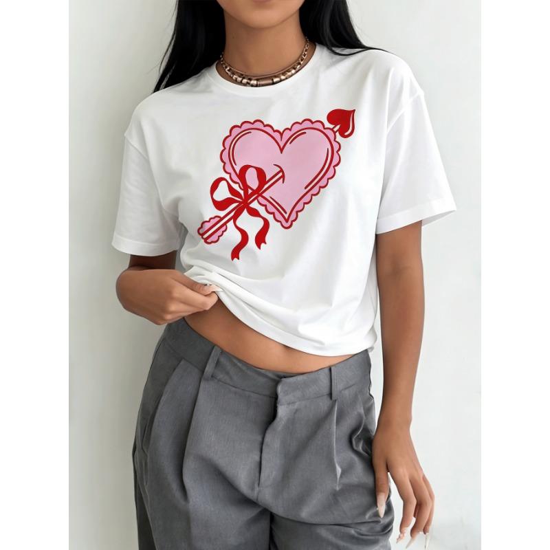 

Европейские размеры Женская футболка с принтом «Стрела Купидона и Сердце Любви» - Короткий рукав, Круглый вырез, Повседневная блузка, Средняя эластичность, Летние, Весенние, Романтические наряды S белый