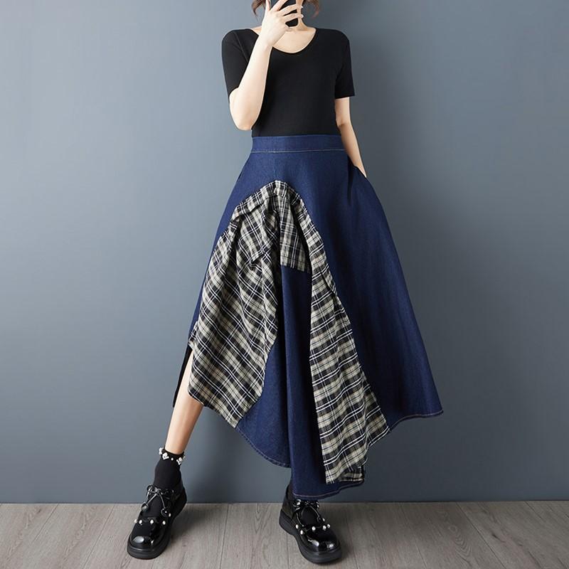 Übergröße High Waist Denim Vintage Patchwork Sommer Lässig Locker Lang für Damen Röcke Damenrock