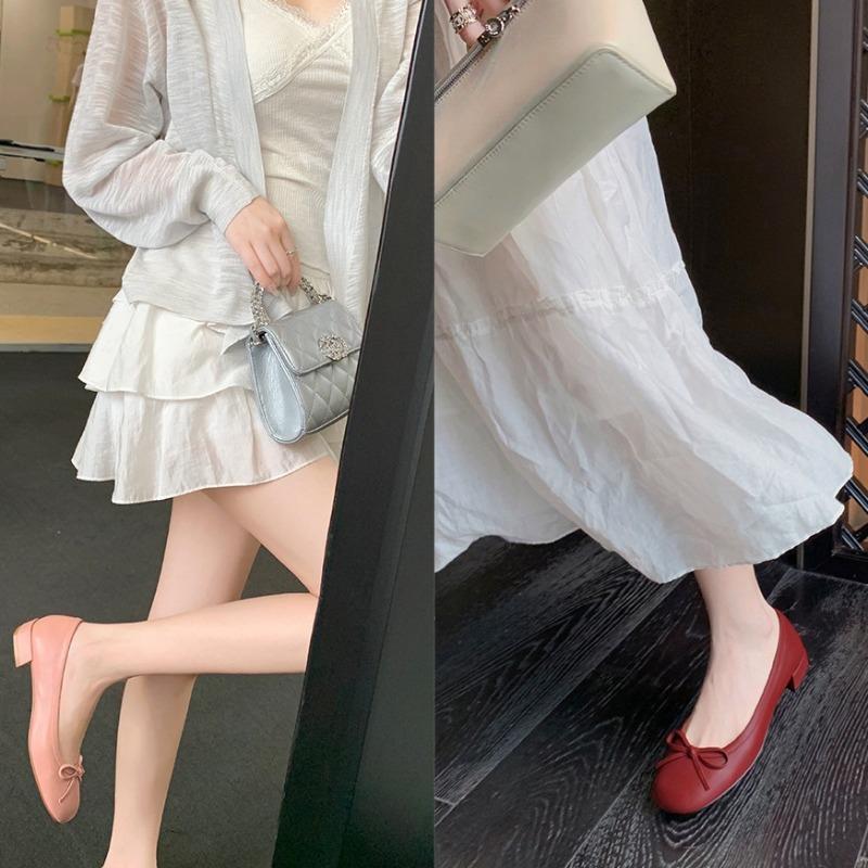 Sheepskin version single shoes women's round head light mouth bow leather shoes versatile thick heel commuter ballet shoes
