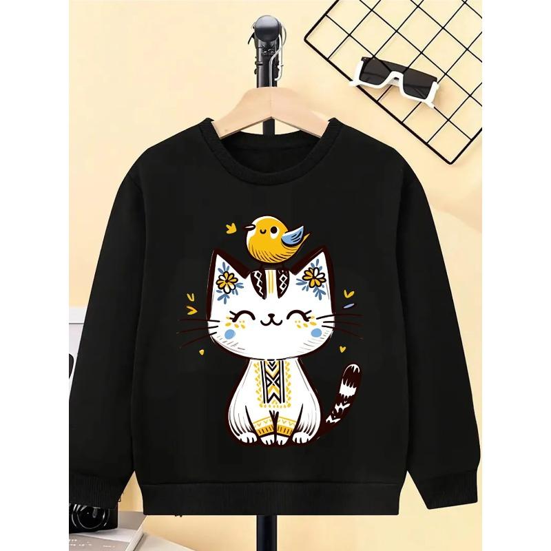 Girls' Crewneck Sweatshirt - Cute Cat with Bird And Flowers Machine Washable, Spring And Autumn, Sportswear And Casual Wear