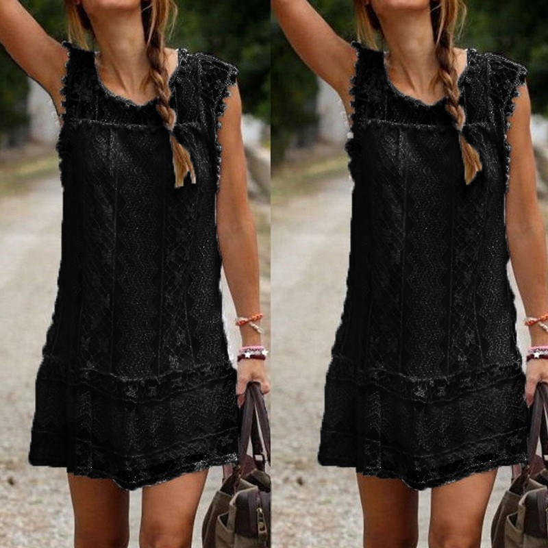 Summer Dress Women Casual Sleeveless Beach Short Dress Tassel Solid White Mini Lace Dress