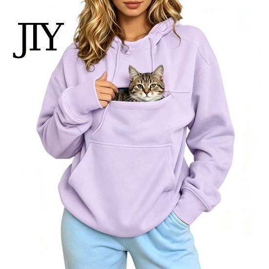 Casual Pullover Top Women Hoodie with Pet Pouch, Solid Color Hooded Sweatshirt Kangaroo Cat Pouch Pocket Pocket, for Carrying Small Dogs Cats