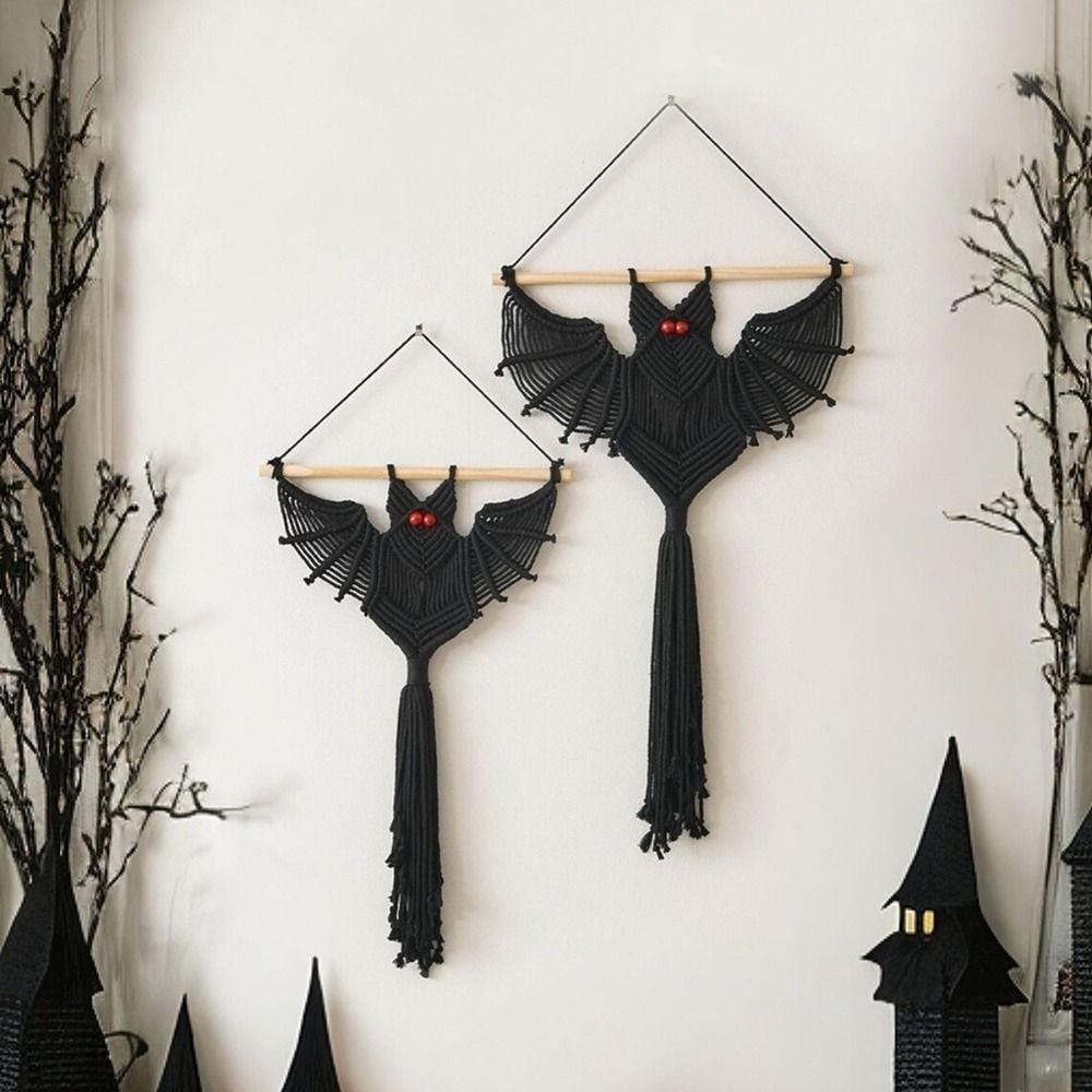Festive Handmade Bat Tapestry Woven Bat Pattern Handwoven Decor Halloween Wall Hanging Halloween Party