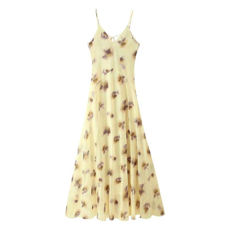 

Летний новый продукт Женская одежда Повседневный стиль V-образный вырез Без рукавов Талия Темперамент С принтом Завышенная талия Длинное платье-комбинация Yellow L