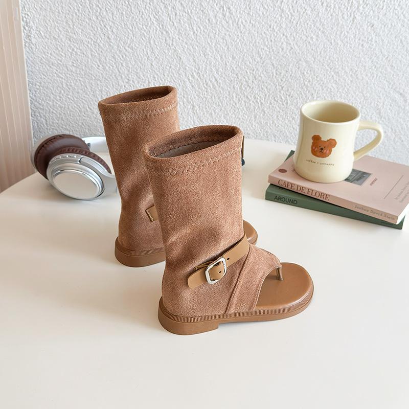Summer Princess Long Pipe Boots Roman Sandals for Kids Girl Design Ankle Strape Stretch-Satin Flip Flop Girls Shoes I06242