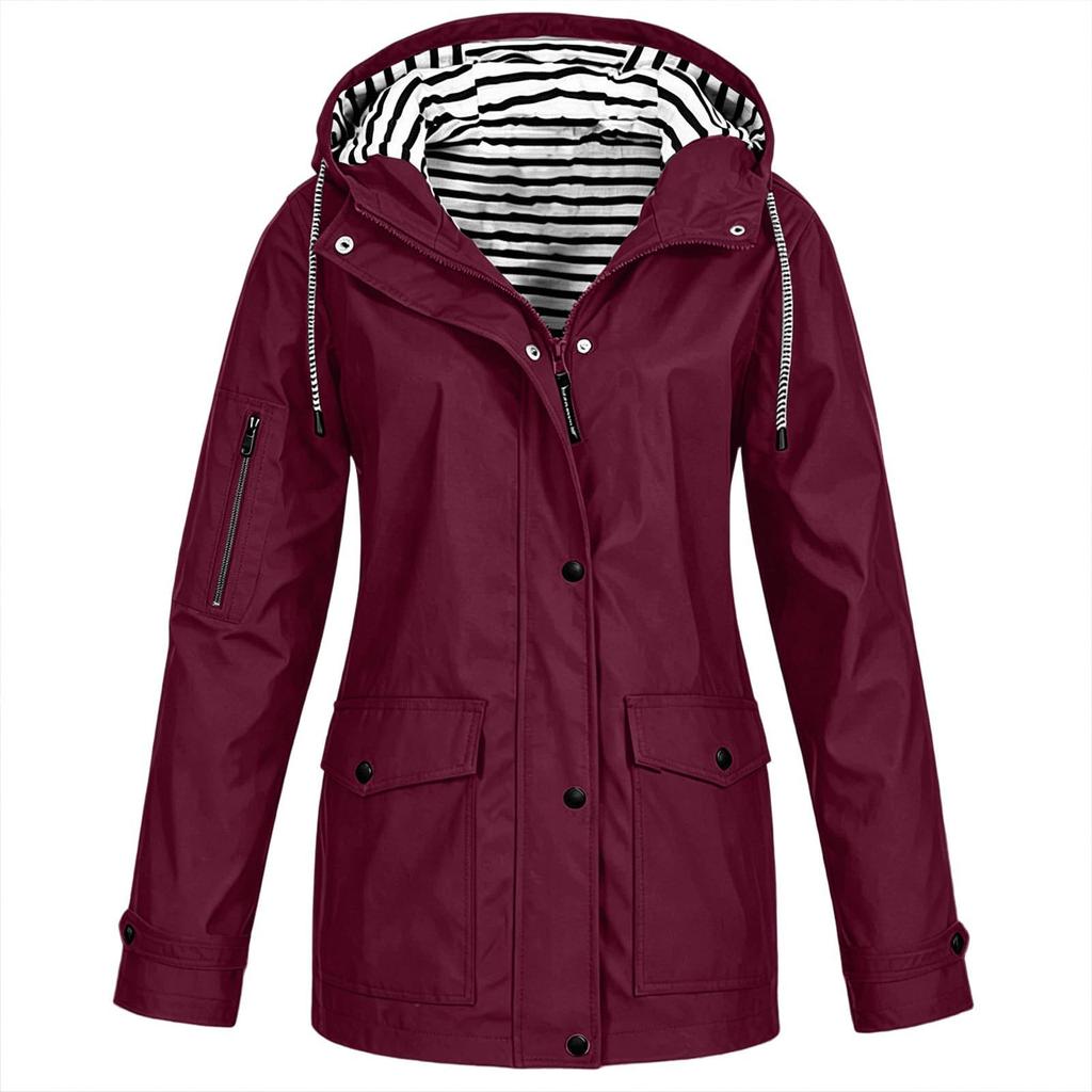 Damenmode Einfarbige Kapuzenjacke Locker Lässig Wasserdicht Outdoor Jacke Leichter Windbreaker Regenmantel für Wandern Camping