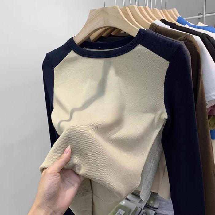 Autumn/Winter Women s Color Block Raglan Long Sleeve Thick Base Layer Round Neck Top M темно-синий