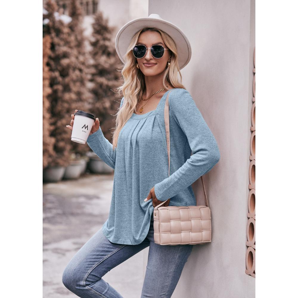 Autumn and Winter Women's Blouse Casual Bubble Sleeve Square Neck Pleated Long Sleeve Top