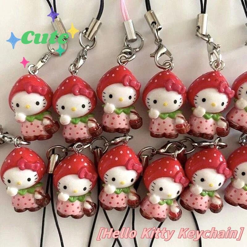 Sanrio Strawberry Hello Kitty Mobile Phone Pendant Cute Funny DIY Backpack Pendant Keychains Decoration Friend Birthday Gift