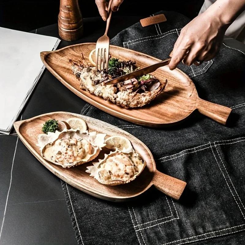 Waterproof Solid Wood Tray Leaf Shaped for Steak Sushi Grilled Meat Pizza Afternoon Tea Tableware Commercial Use