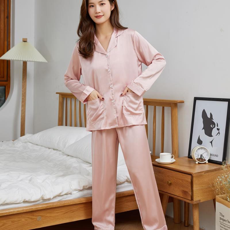 Wedding solid color pajamas cover long-sleeved air-conditioning clothes women's cardigan homewear casual double pocket set Korean version of premium