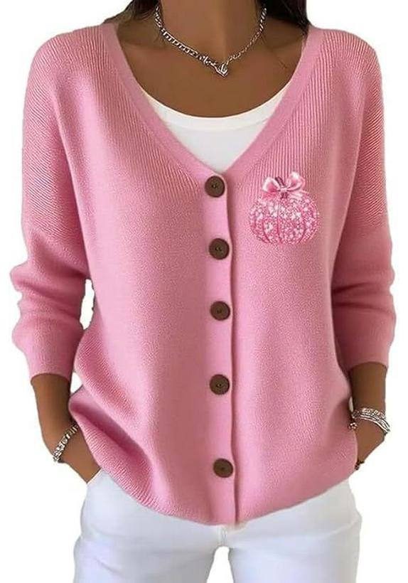 V-Neck 5-Button Printed Cardigan Sweater
