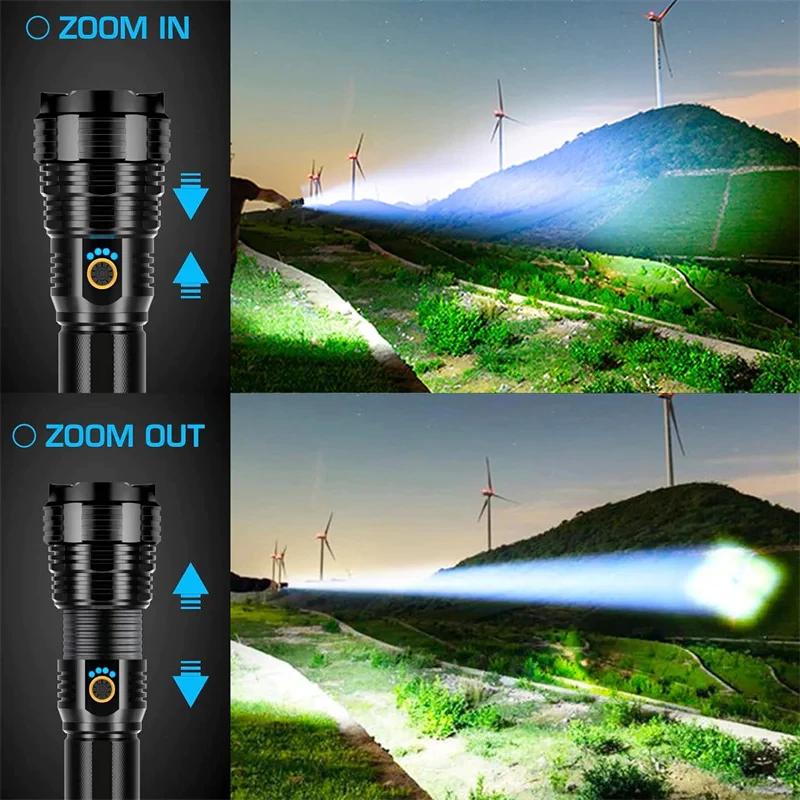 High Power XHP50 LED Flashlight Type-c Rechargeable Aluminium Alloy Torch Zoom Hand Lantern For Camping, Outdoor Emergency
