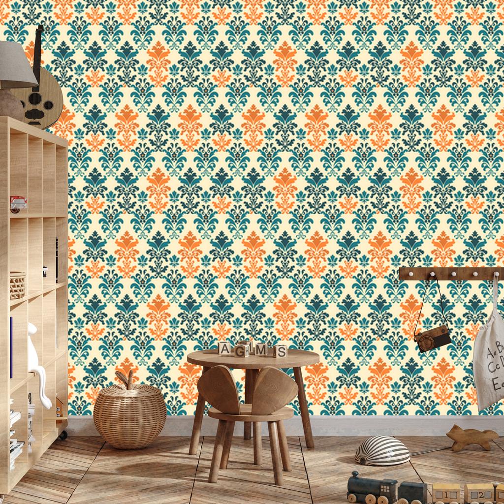 Baroque Damask Wallpaper Cream and Green for Living Room and Bedroom 50x1000