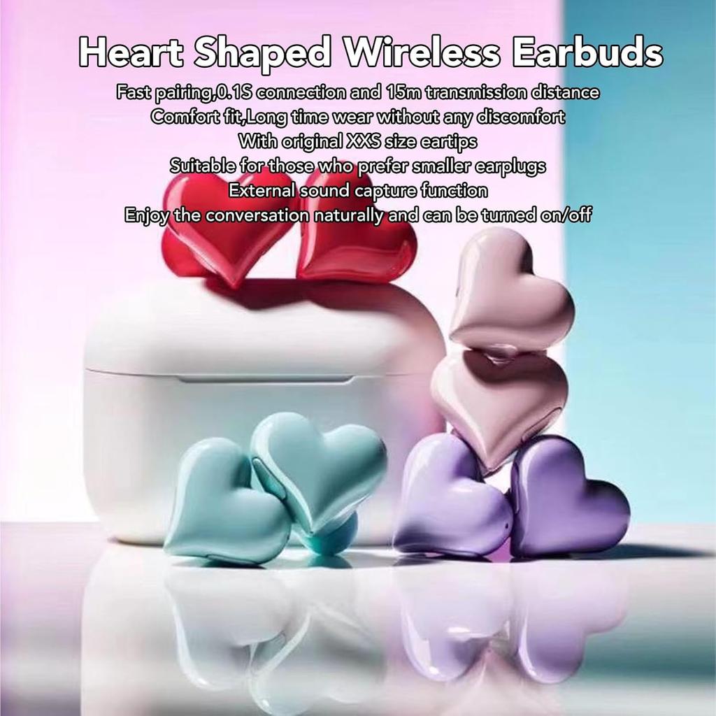 Bewinner Heart Shaped Cordless Earbud, Noise Canceling Headphones, Bluetooth 5.3 HiFi Stereo Earphones with Charging Case for Gym Office School