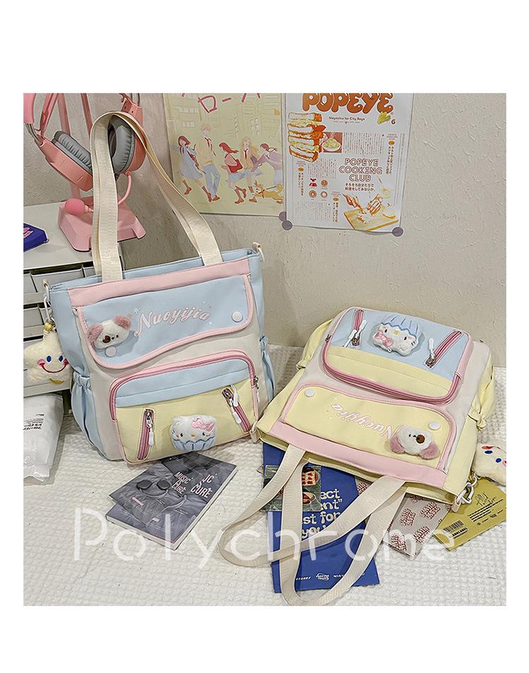 Japanese-Style Color-Block Tote Bag for Students: Lightweight, Large Capacity, Single-Shoulder Design