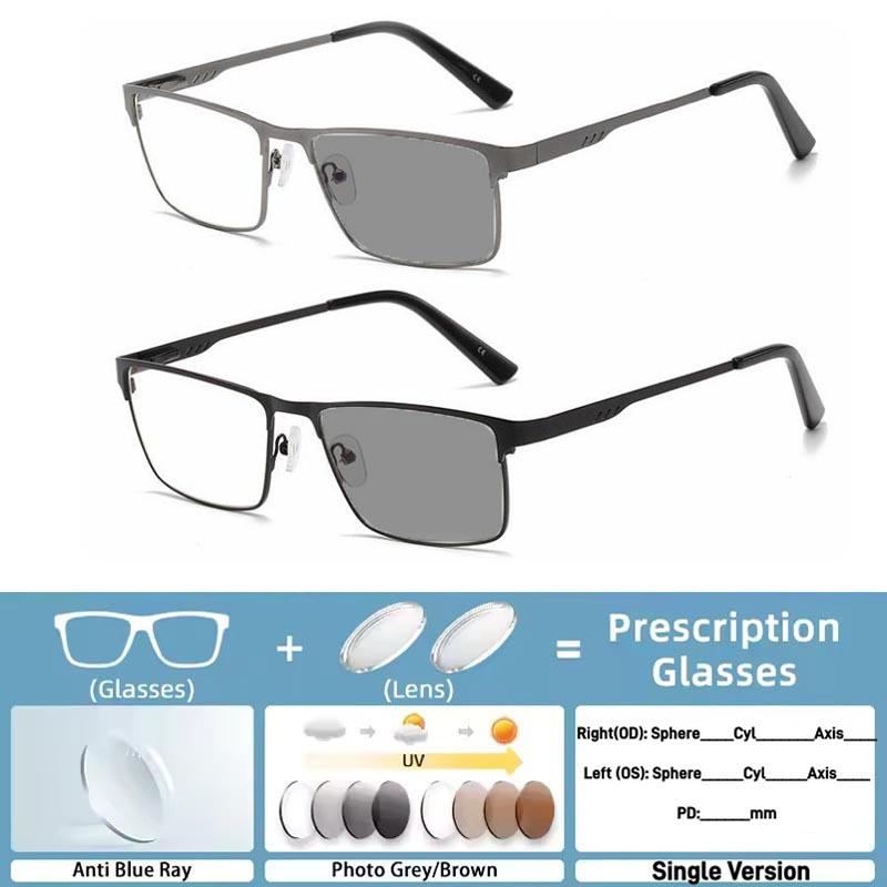 Men Business Square Metal Frame Photochromic Reading Glasses Anti Blue Light Custom Glasses Classic Prescription Optical Eyewear