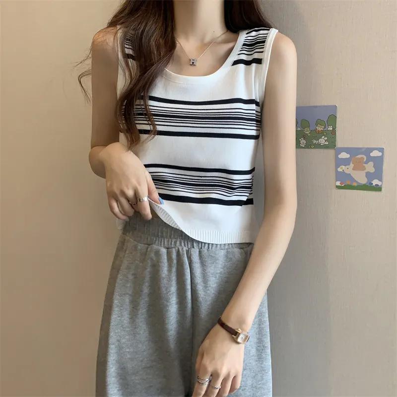 WTEMPO Girl's Retro Large Size Striped Casual Versatile Camisole Vests Women's Spring Summer Sleeveless Knitted Bottoming Tank Tops
