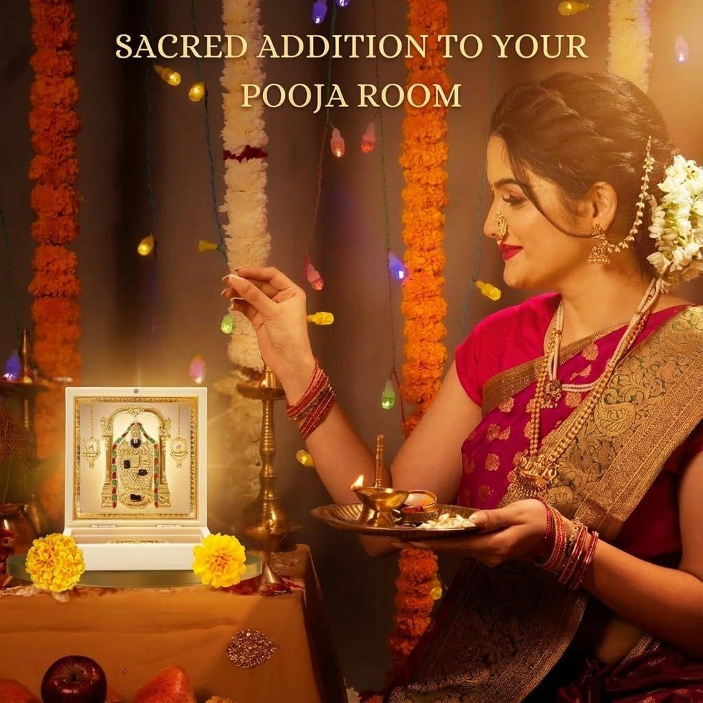 Lord Gold Plated Balaji Pocket Temple for Pooja Room | Venkateshwar Swami Divine Pooja Boxes with Photo Frame & Charan Paduka