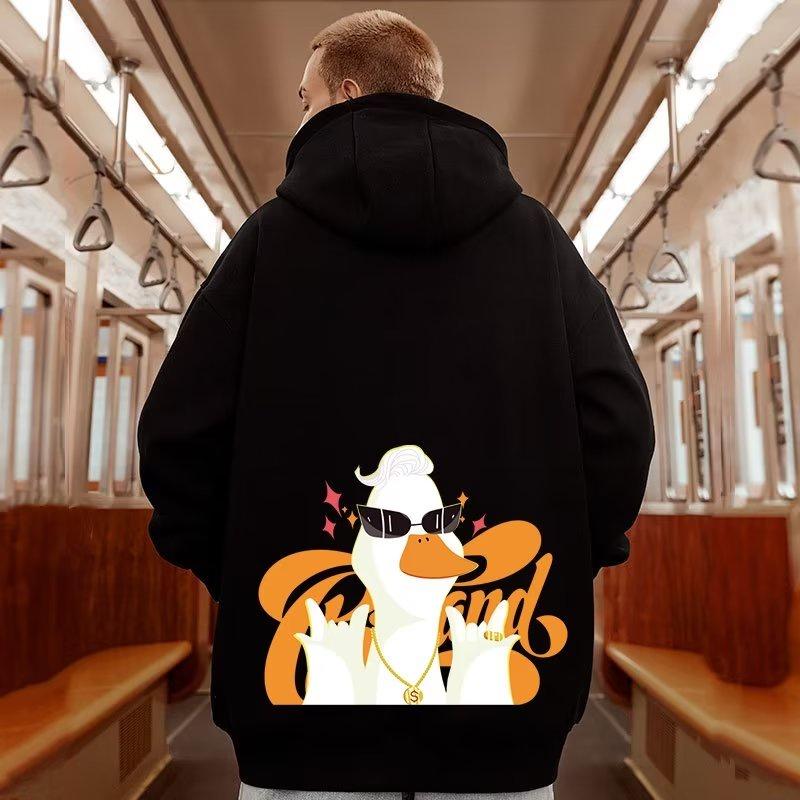 

M-8XL Oversized Hoodies Men American Cartoon Duck Boss Print Loose Hoodie Student s Large Soft Velvet Hooded Sweater S