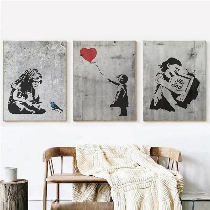 Graffiti Artwork Canvas Painting Prints Wall Art Pictures Girl with Red Balloon Black White Posters Nordic Home Decor