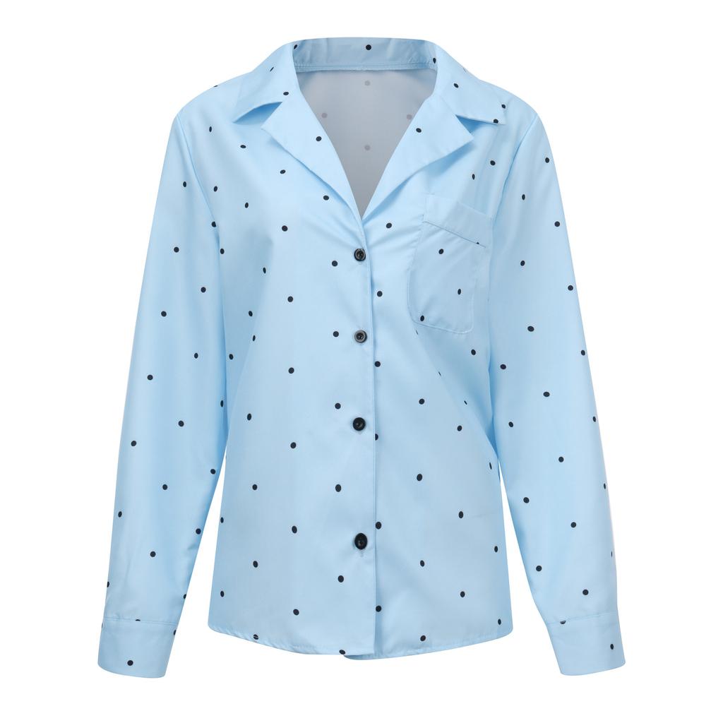 Chemise décontractée à pois pour femmes, simple boutonnage, coutures à revers, manches longues, ample en mousseline de soie