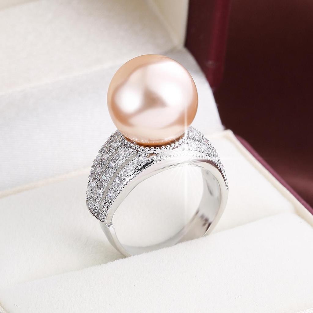 European Luxury Zircon-Inlaid Copper Bead Ring: Adjustable, Cold-Style Women's Accessory