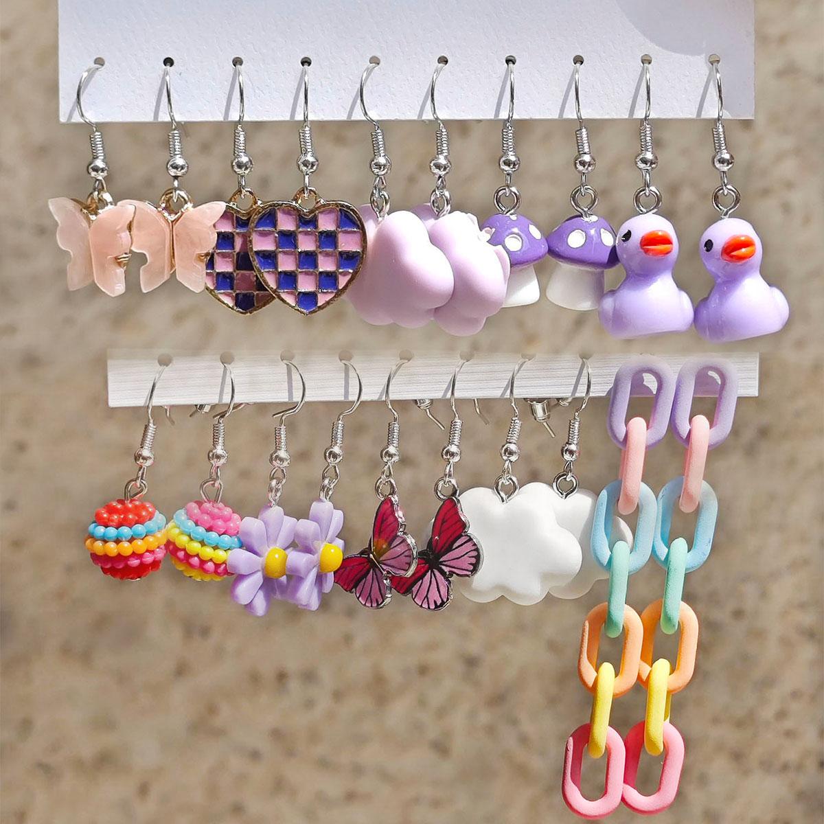 

10 Pair Set Small Fresh Colored Resin Animal Pendant Earrings Art Sweet and Cute Flower Butterfly Milk Tea Earrings Female