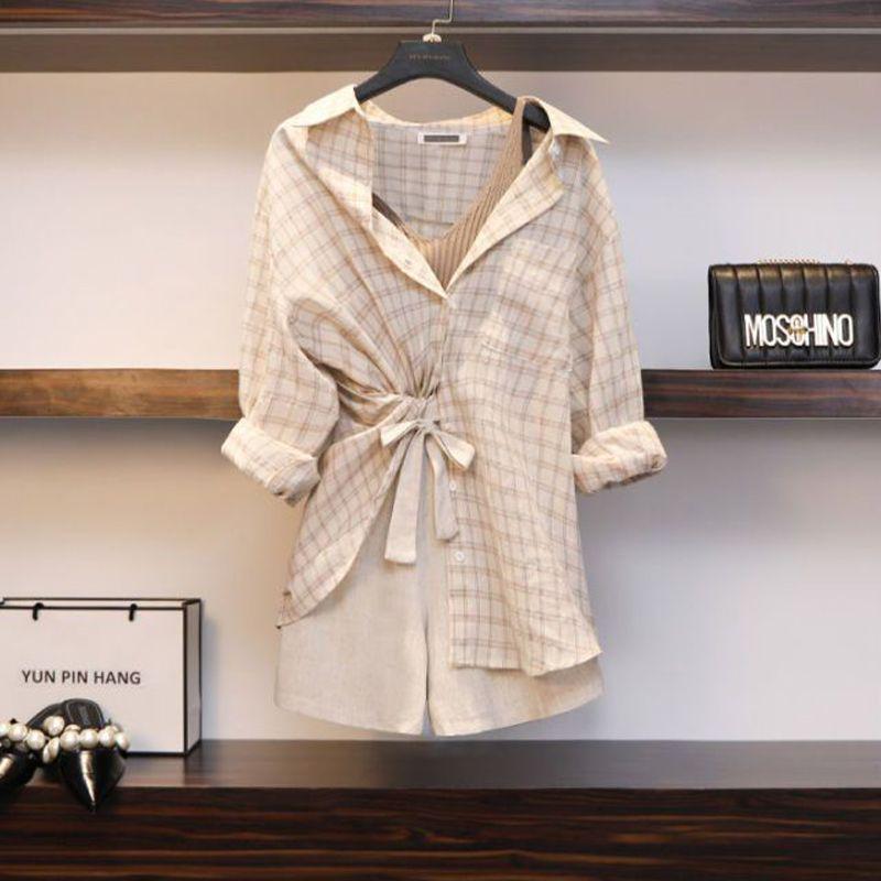 Chic Plaid Slimming Plus Size Summer Three-Piece Suit for Women