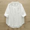 Spring Cotton Yarn Shirt Women Stand Collar Short Sleeve Solid Top Girl Fashion Pocket Retro Blouses Summer